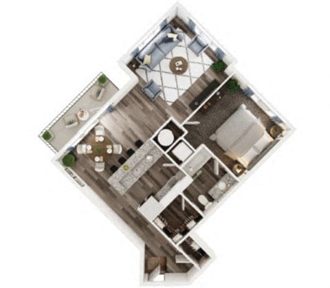 Floor plan for 1 bed, 1 bath, 887 sqft